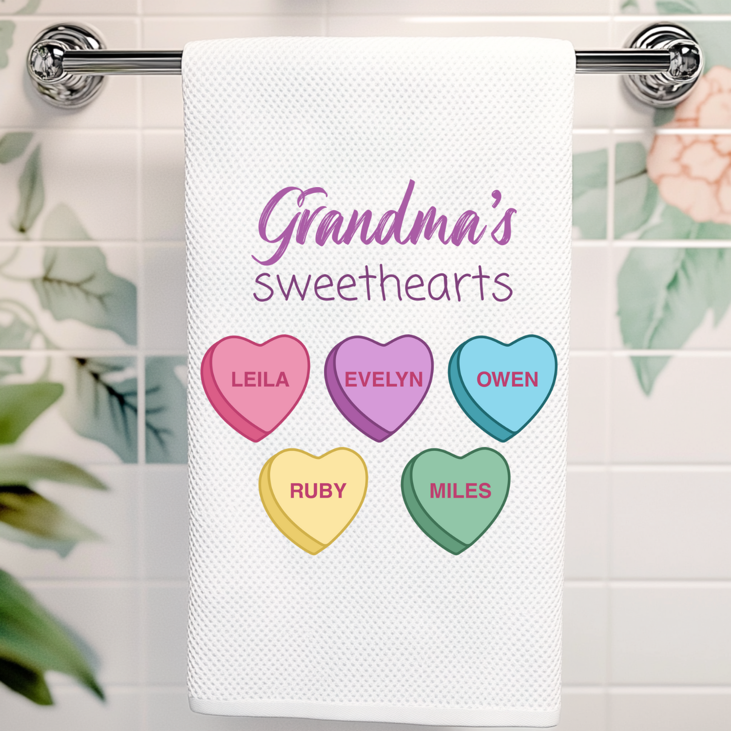 Custom Grandma Valentine's Gift - Grandma's Sweethearts + Grandkid Names - Personalized Kitchen Towel