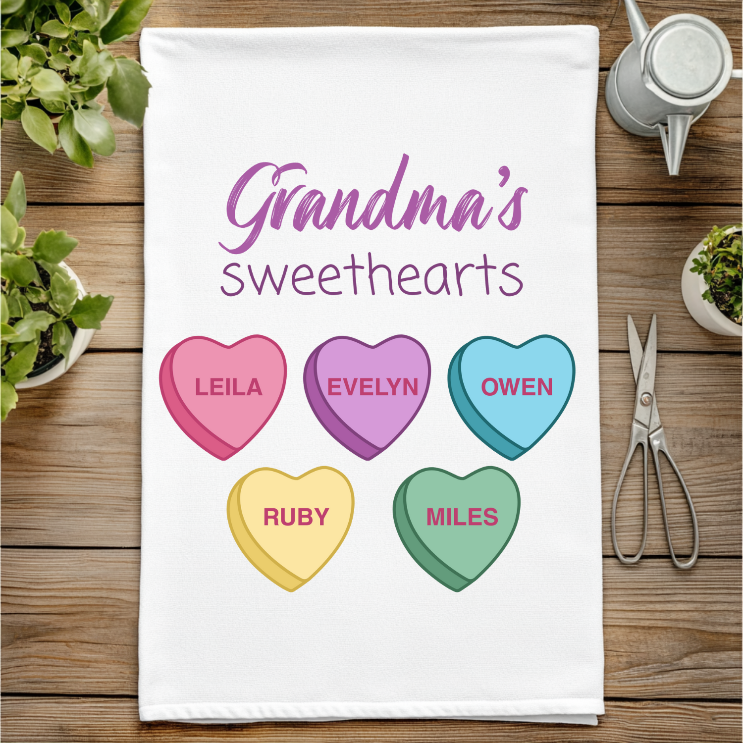 Custom Grandma Valentine's Gift - Grandma's Sweethearts + Grandkid Names - Personalized Kitchen Towel