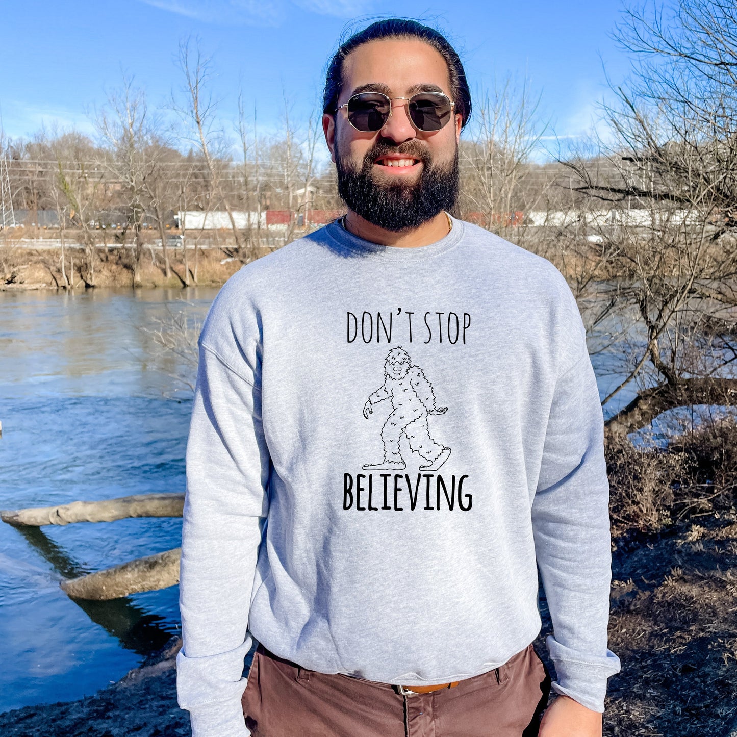 Don't Stop Believing (Bigfoot/ Sasquatch) - Unisex Sweatshirt - Heather Gray, Dusty Blue, Mauve, or Gold