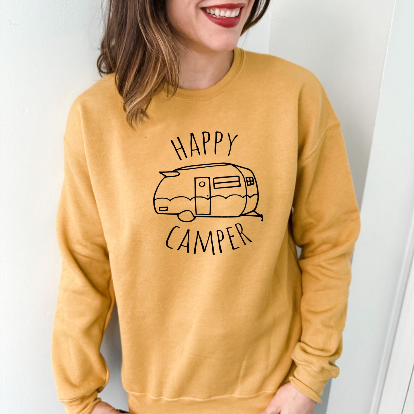 Happy Camper - Unisex Sweatshirt - Heather Gray, Dusty Blue, Mauve, or Gold