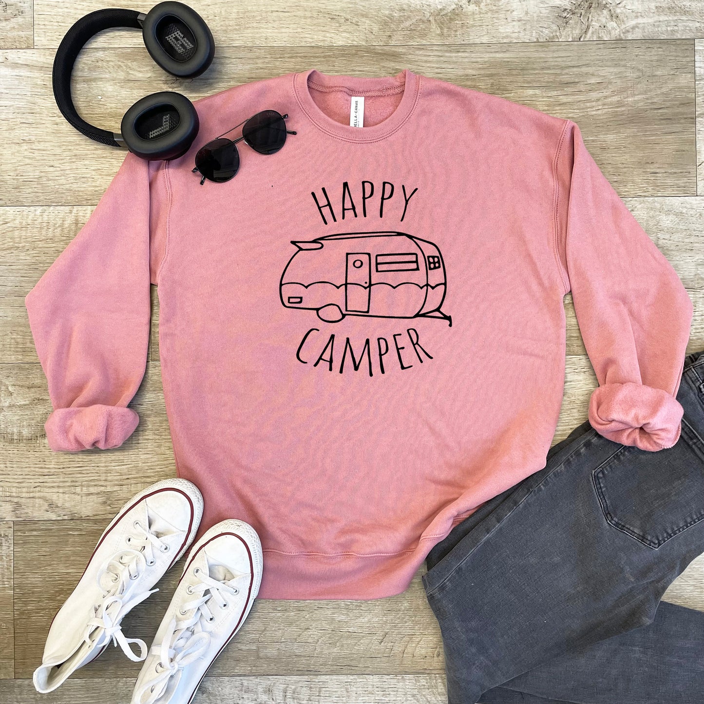 Happy Camper - Unisex Sweatshirt - Heather Gray, Dusty Blue, Mauve, or Gold