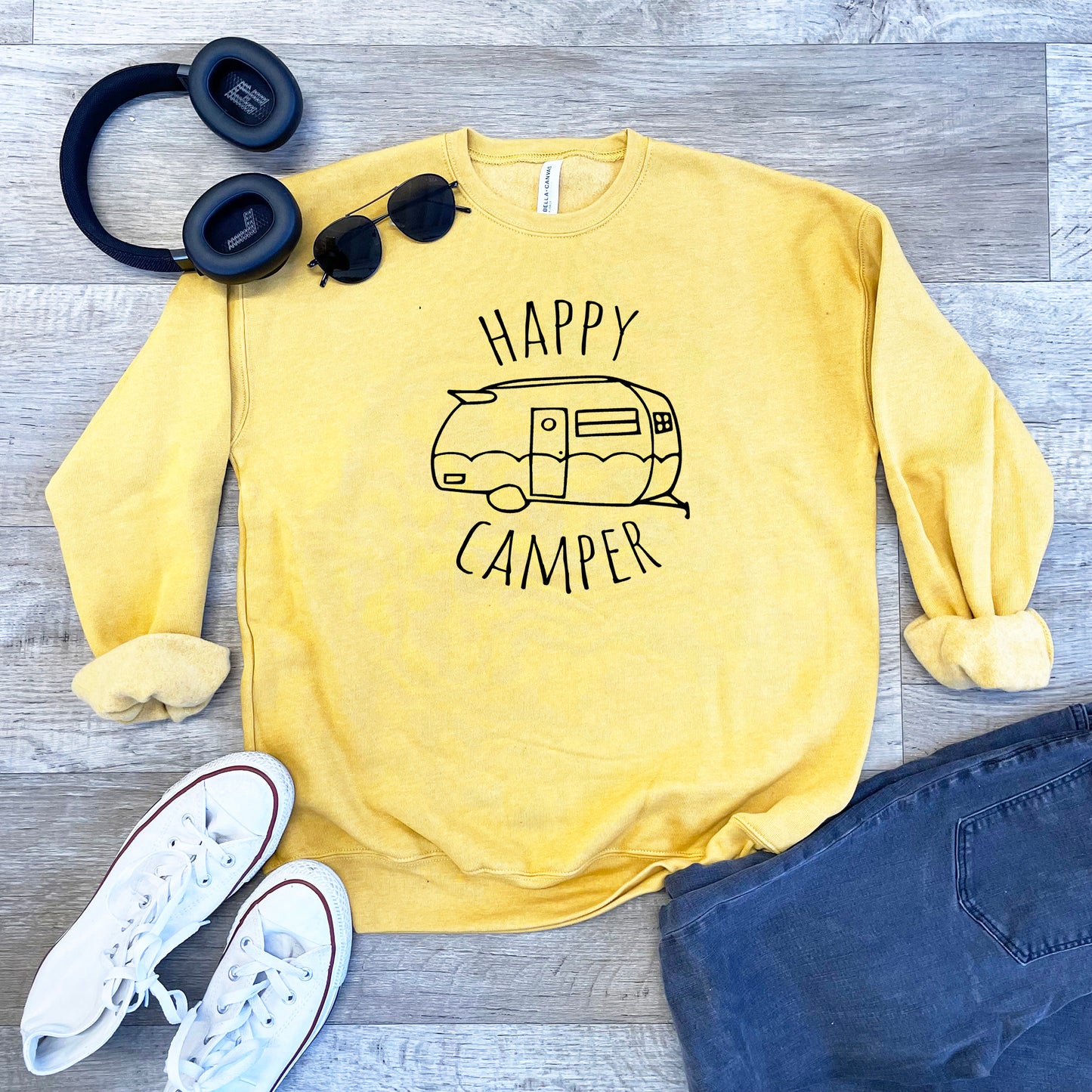 Happy Camper - Unisex Sweatshirt - Heather Gray, Dusty Blue, Mauve, or Gold