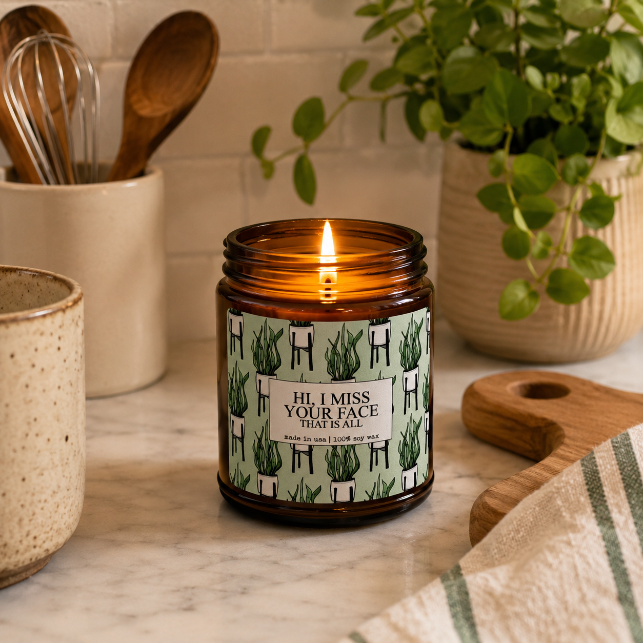 Hi I Miss Your Face, That Is All - 9oz Amber Glass Jar Soy Candle - Choose Your Scent