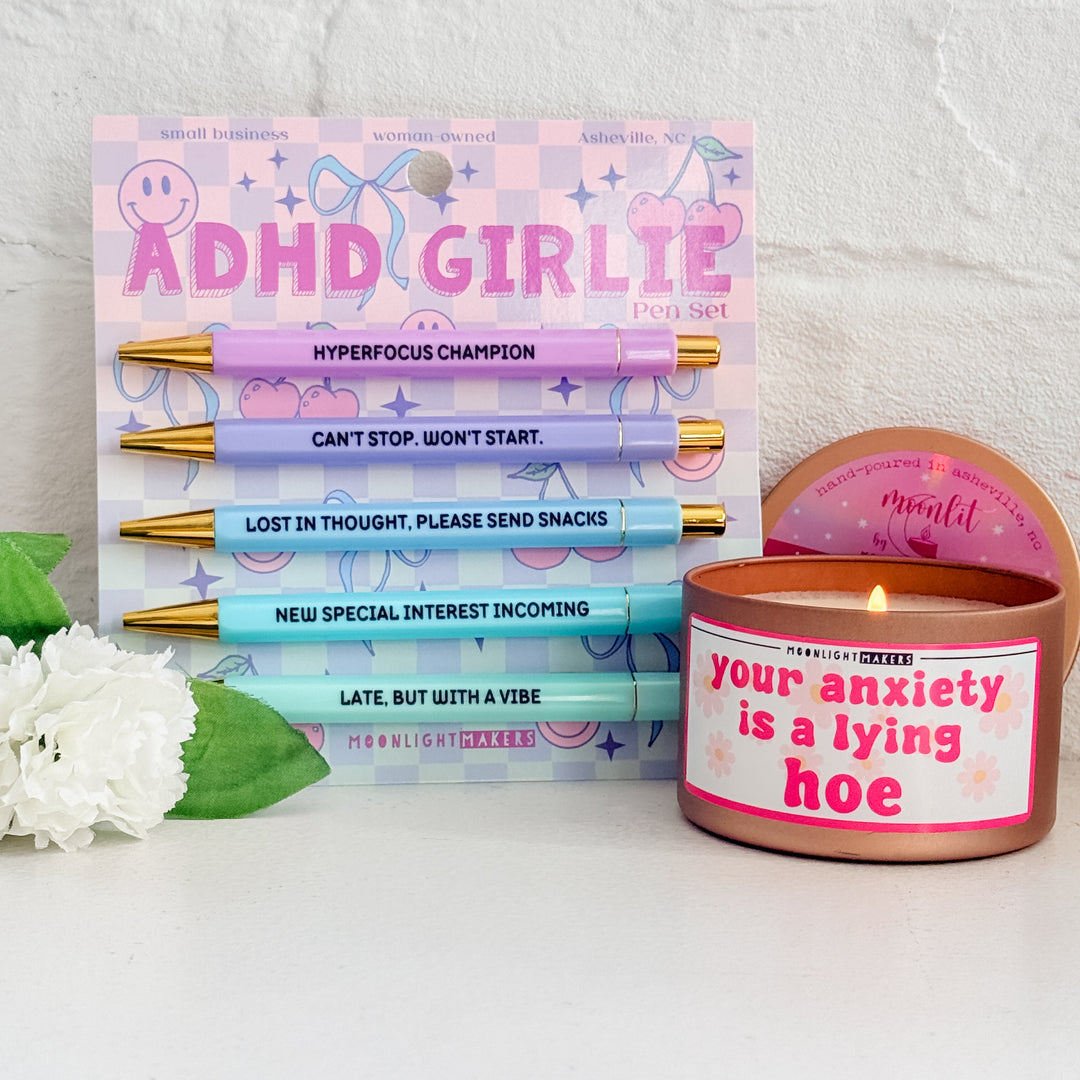 ADHD Girlie Bundle - ADHD Girlie Pen Set + Your Anxiety is a Lying Hoe Rose Gold Candle
