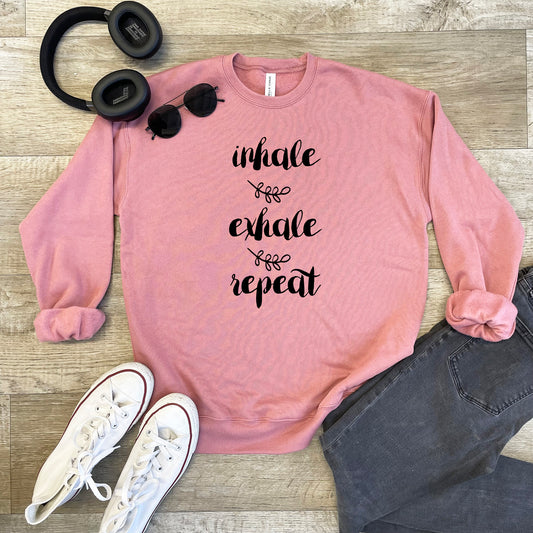 Inhale, Exhale, Repeat - Unisex Sweatshirt - Heather Gray, Dusty Blue, Mauve, or Gold