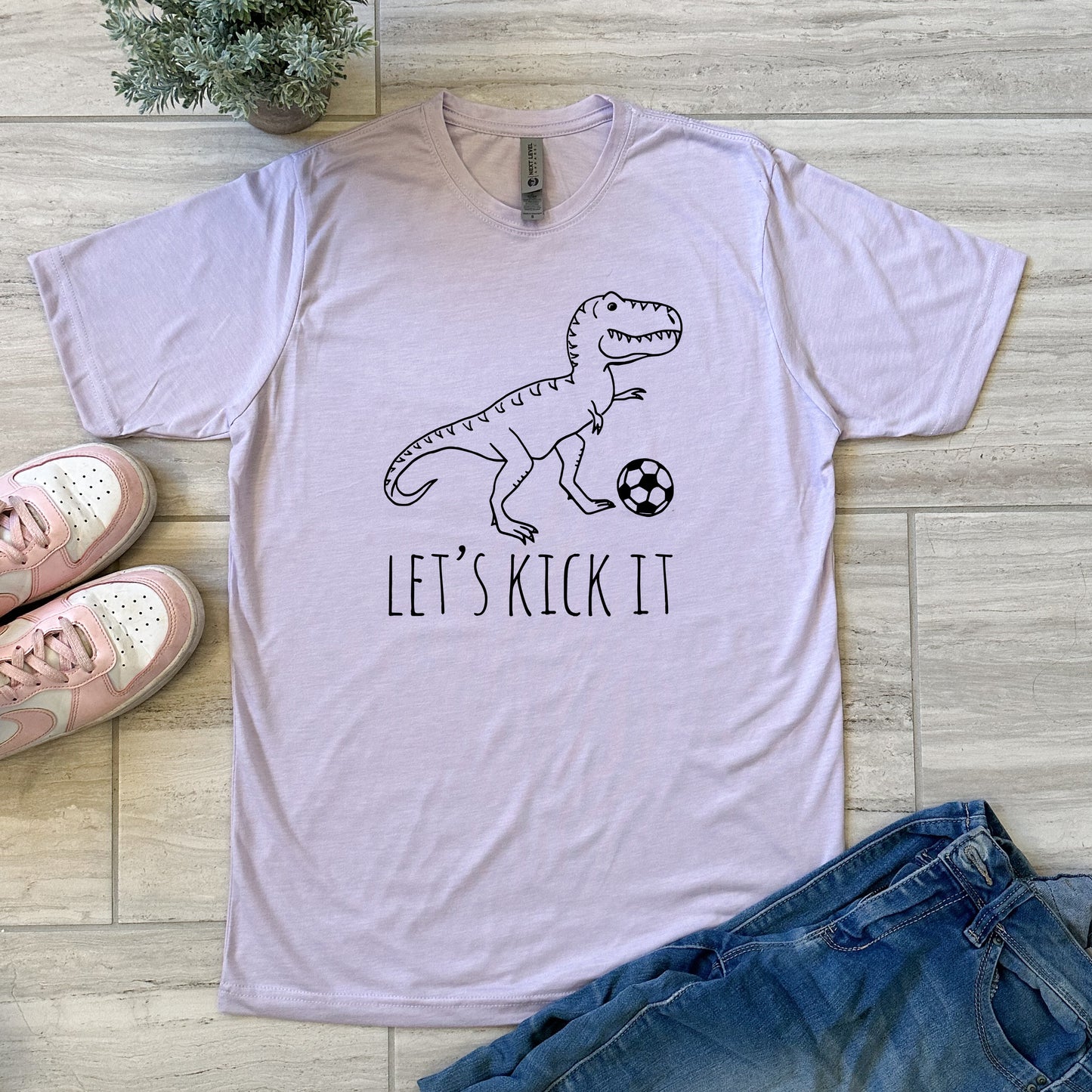 Let's Kick It (Soccer, Dinosaur) - Men's / Unisex Tee - Stonewash Blue, Sage, Lavender, or Heather Gray