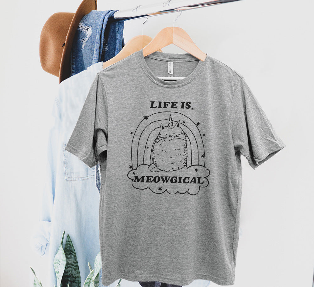 Life Is Meowgical (Cat) - Men's / Unisex Tee - Stonewash Blue, Sage, Lavender, or Heather Gray