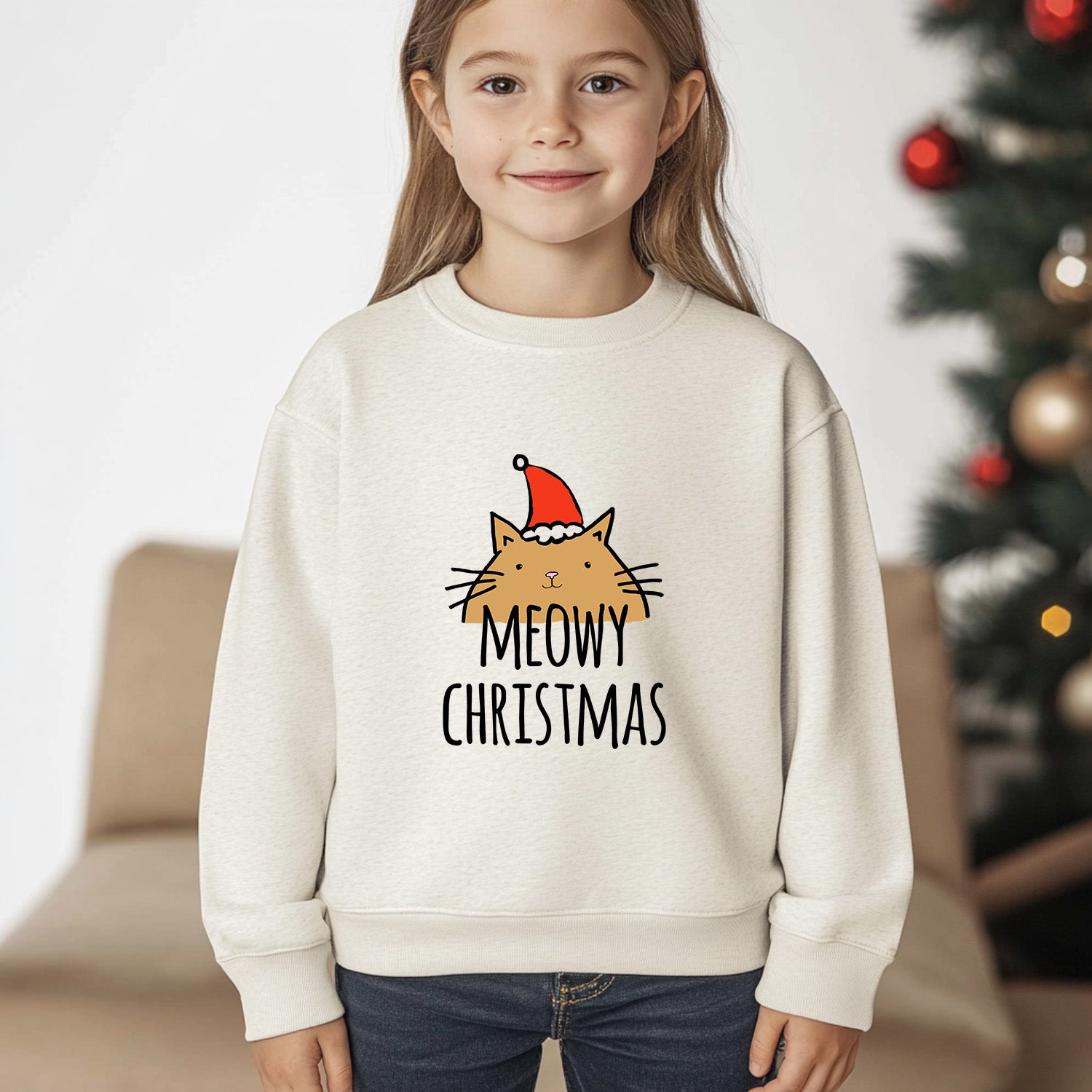 Meowy Christmas - Christmas Kid's Sweatshirt - Oatmeal