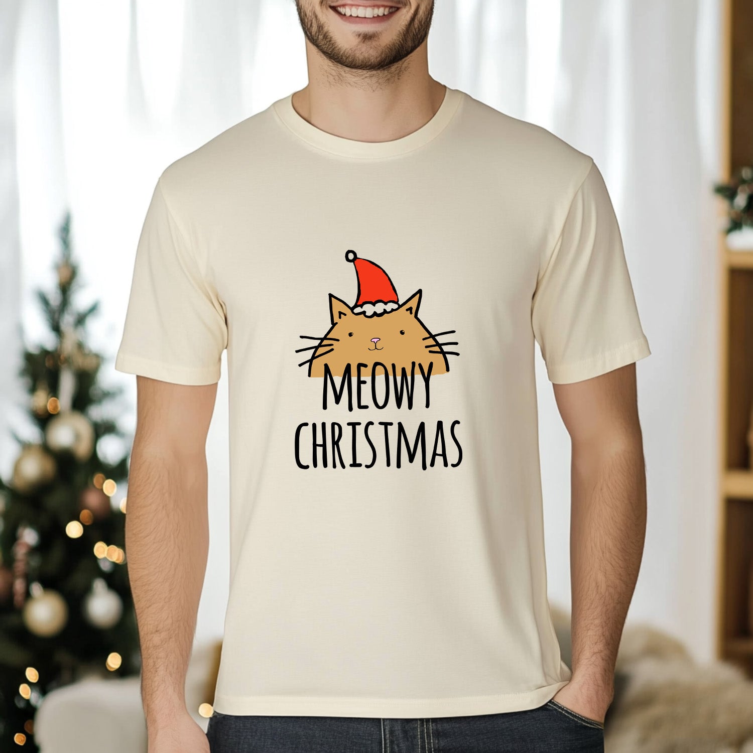Meowy Christmas - Christmas Men's / Unisex Tee - Oatmeal