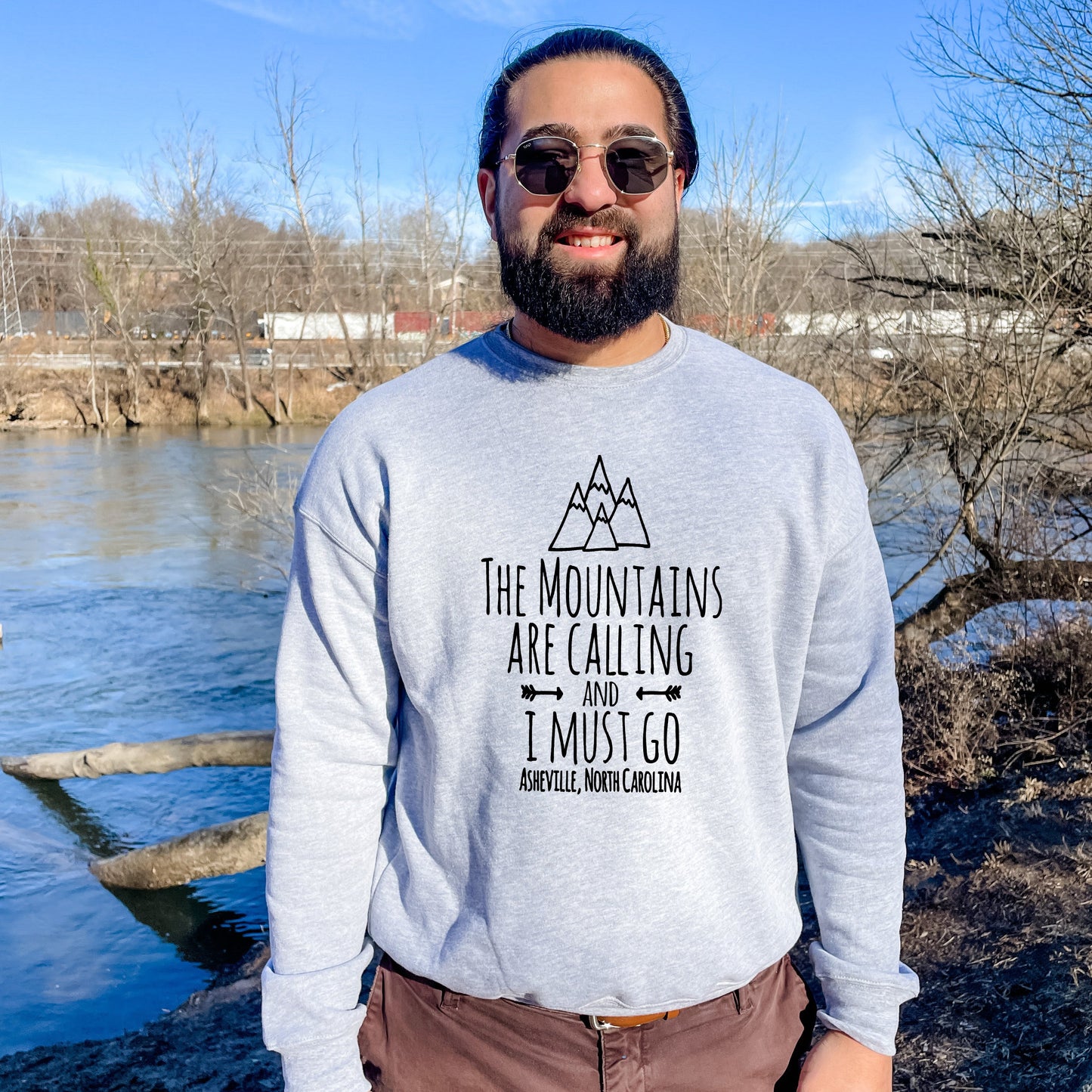 The Mountains Are Calling And I Must Go, Asheville North Carolina - Unisex Sweatshirt - Heather Gray, Dusty Blue, Mauve, or Gold