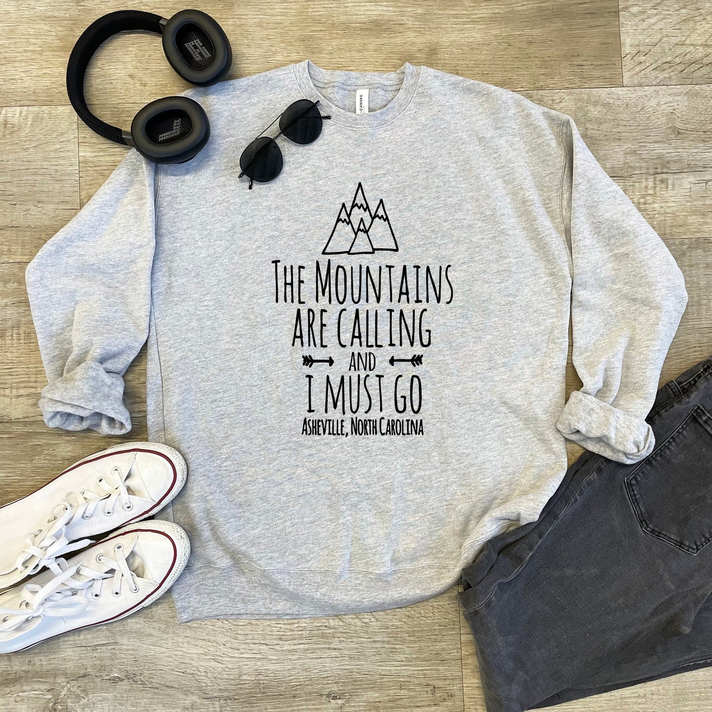 The Mountains Are Calling And I Must Go, Asheville North Carolina - Unisex Sweatshirt - Heather Gray, Dusty Blue, Mauve, or Gold