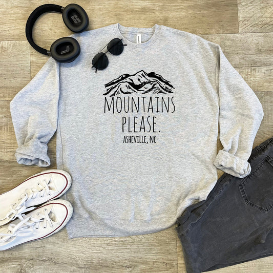 Mountains Please Asheville, Asheville, NC - Unisex Sweatshirt - Heather Gray, Dusty Blue, Mauve, or Gold