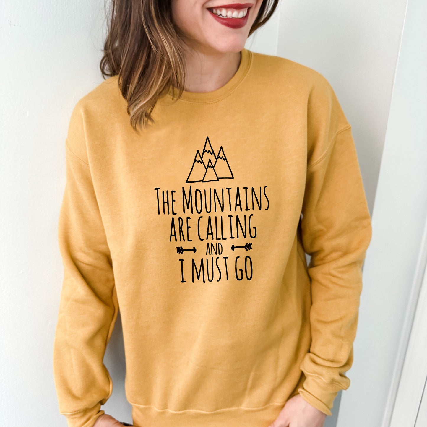 The Mountains Are Calling And I Must Go - Unisex Sweatshirt - Heather Gray, Dusty Blue, Mauve, or Gold