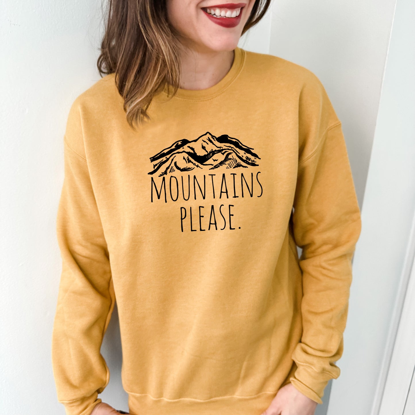 Mountains Please - Unisex Sweatshirt - Heather Gray, Dusty Blue, Mauve, or Gold