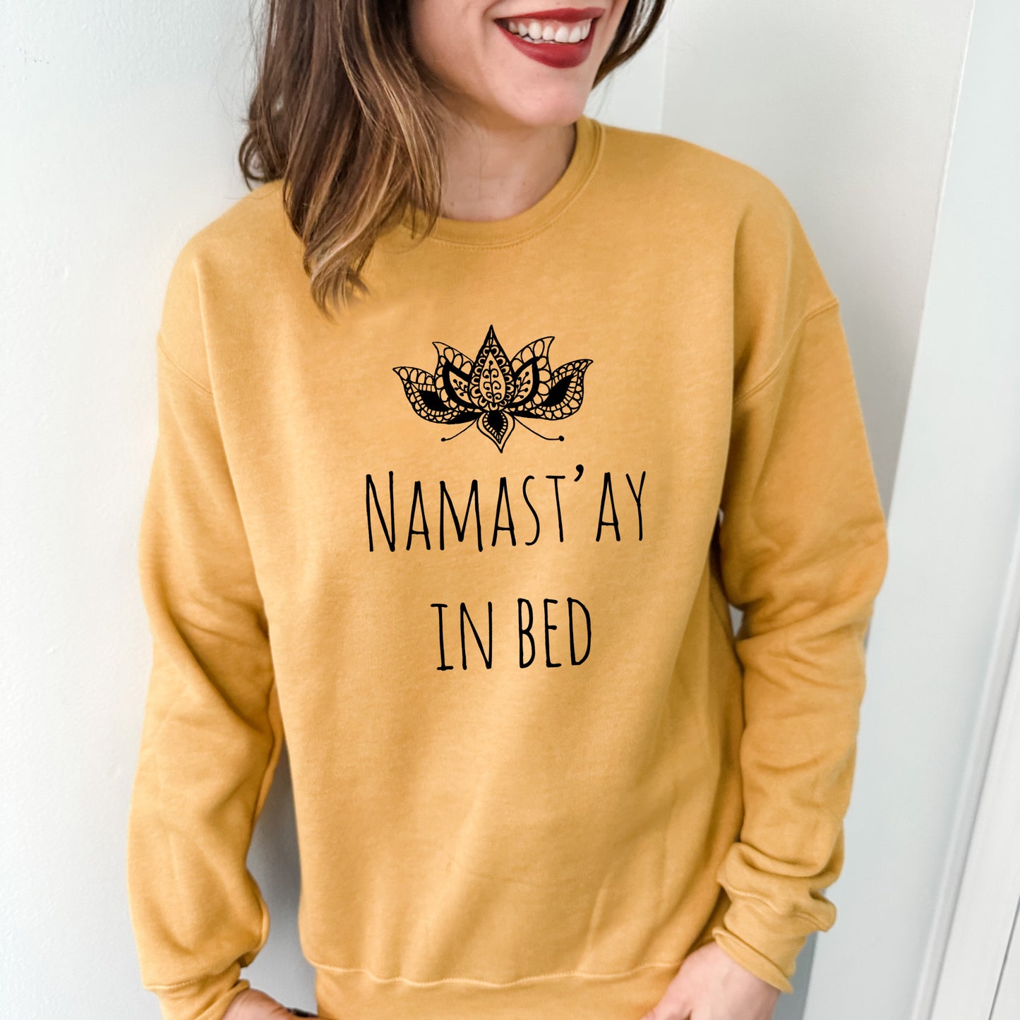 Namast'ay In Bed - Unisex Sweatshirt - Heather Gray, Dusty Blue, Mauve, or Gold