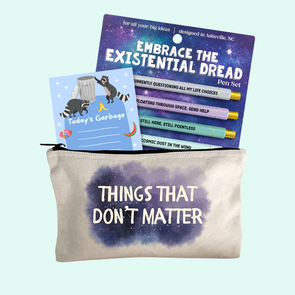Overthinkers Gift Set – Existential Dread Pen Set, Things That Don't Matter Zipper Pouch, Today's Garbage Notepad