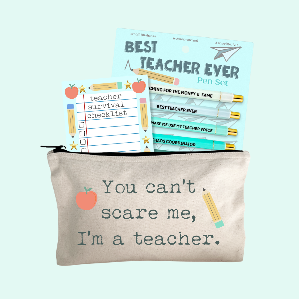 Teacher Gift Set – Best Teacher Ever Pen Set, Funny Teacher Pouch, Teacher Survival Notepad
