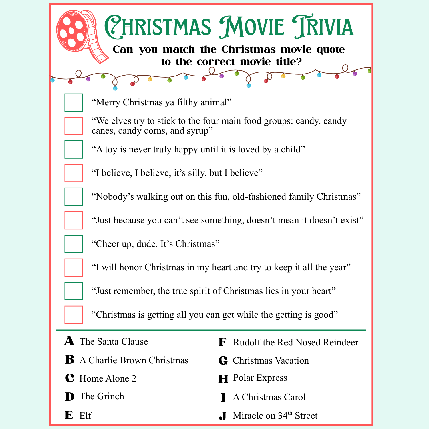 Christmas Movie Trivia - Free Digital Download - Printable File, Delivered Instantly