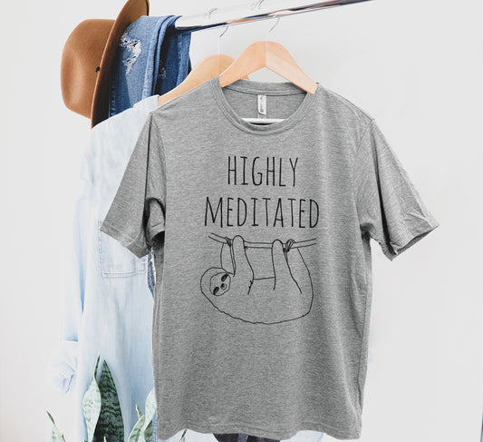 Highly Meditated (Sloth) - Men's / Unisex Tee - Stonewash Blue, Sage, Lavender, or Heather Gray