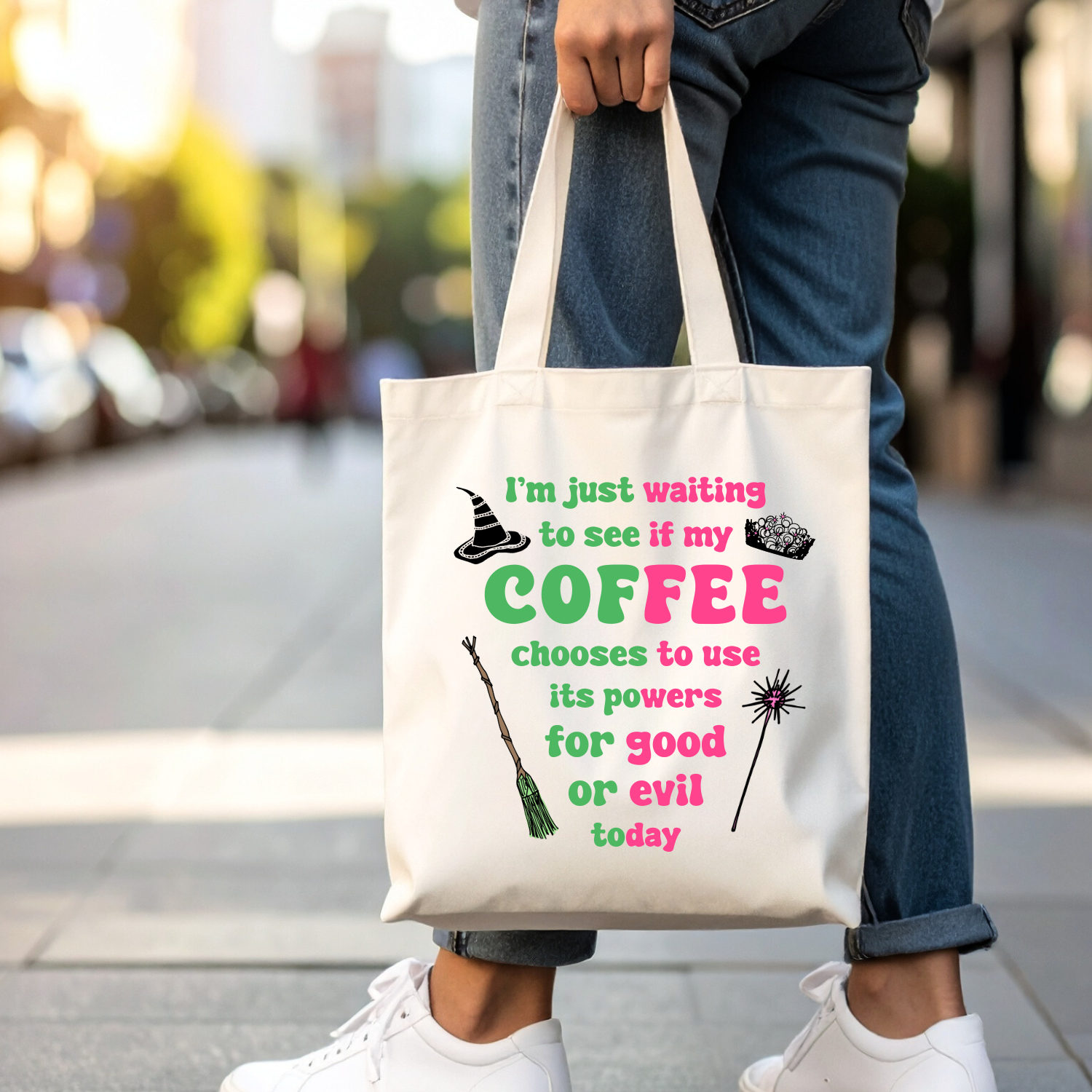 Waiting To See If My Coffee Uses Its Powers For Good or Evil - Wicked Inspired Full Color Tote