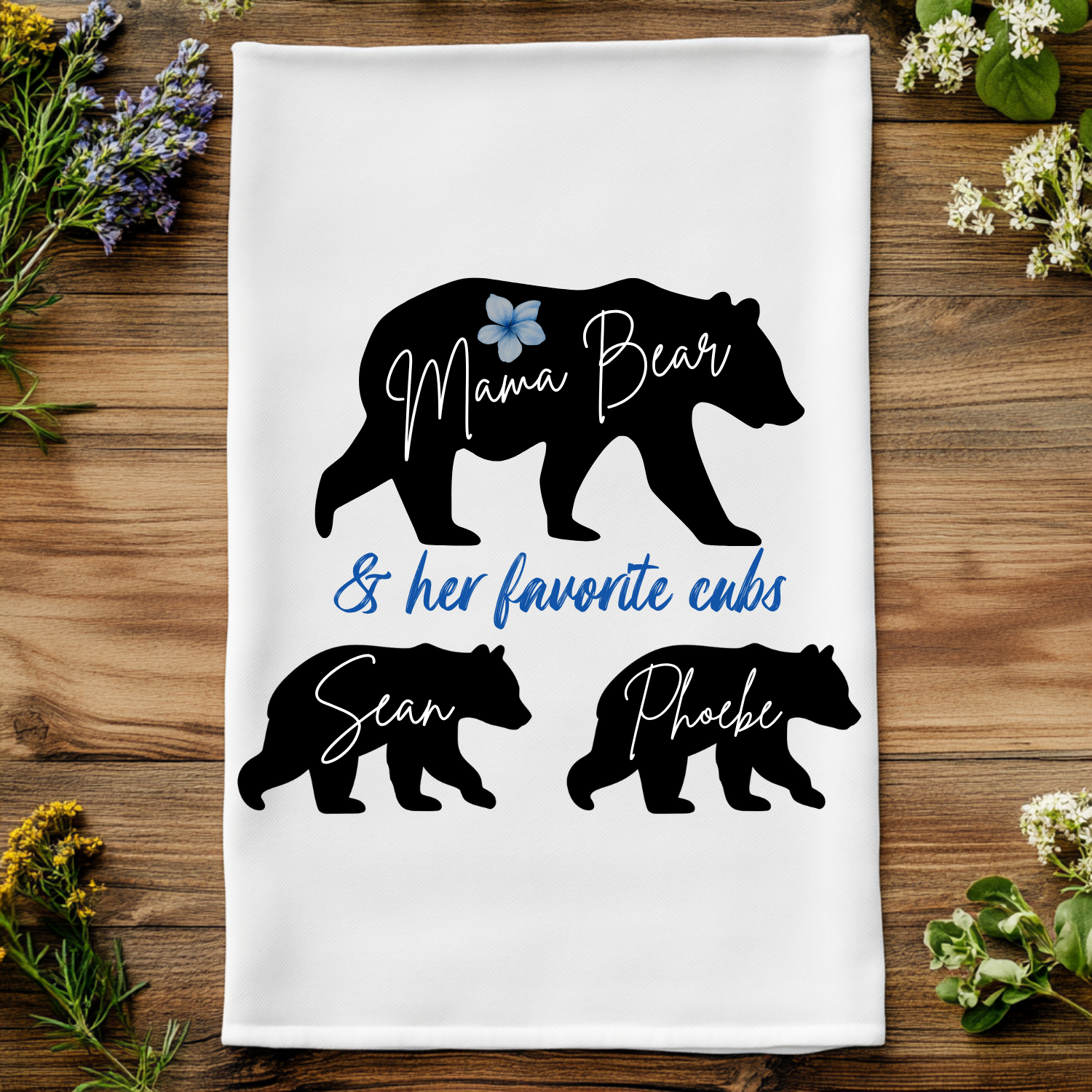 Custom Mama Bear + Children's Names Kitchen Towel - Personalized Mom Gift - MoonlightMakers
