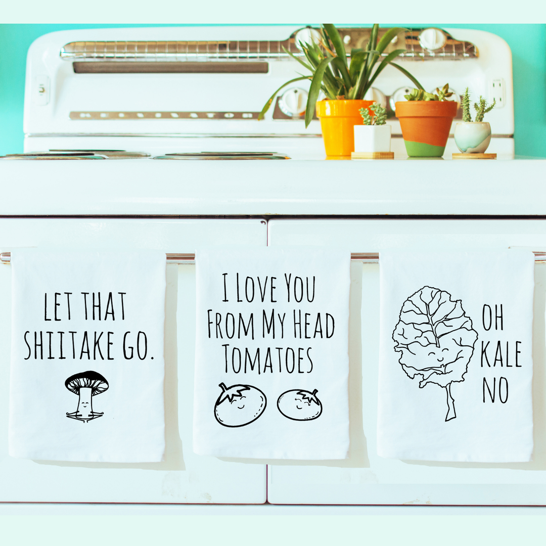 Kitchen Towel Set of 3 - Tomatoes, Shiitake, Kale - MoonlightMakers