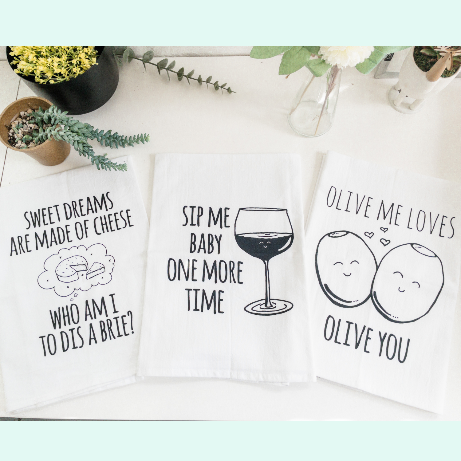 Kitchen Towel Set of 3 - Brie, Sip Me, Olive