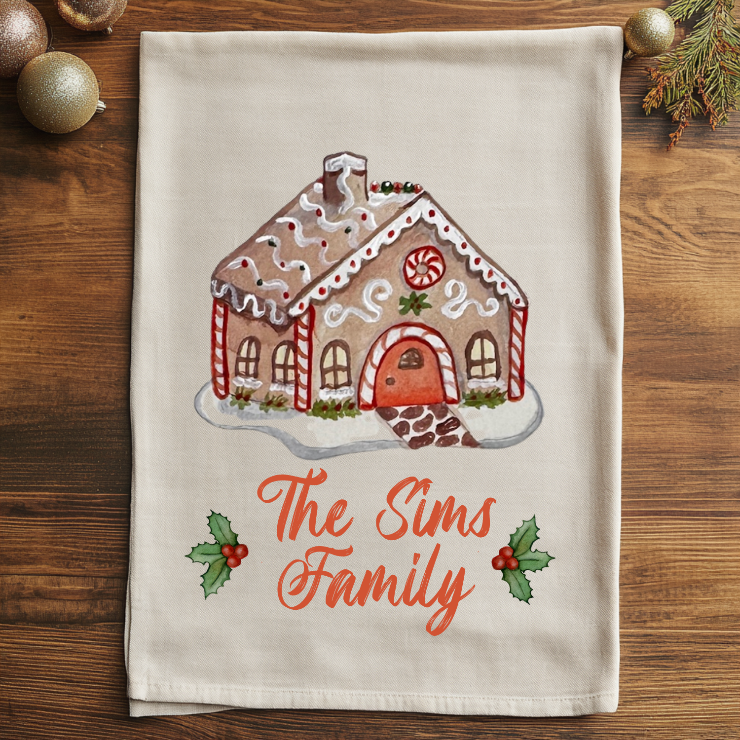 Custom Name Gift - Personalized Christmas Gingerbread House - Watercolor Kitchen Towel
