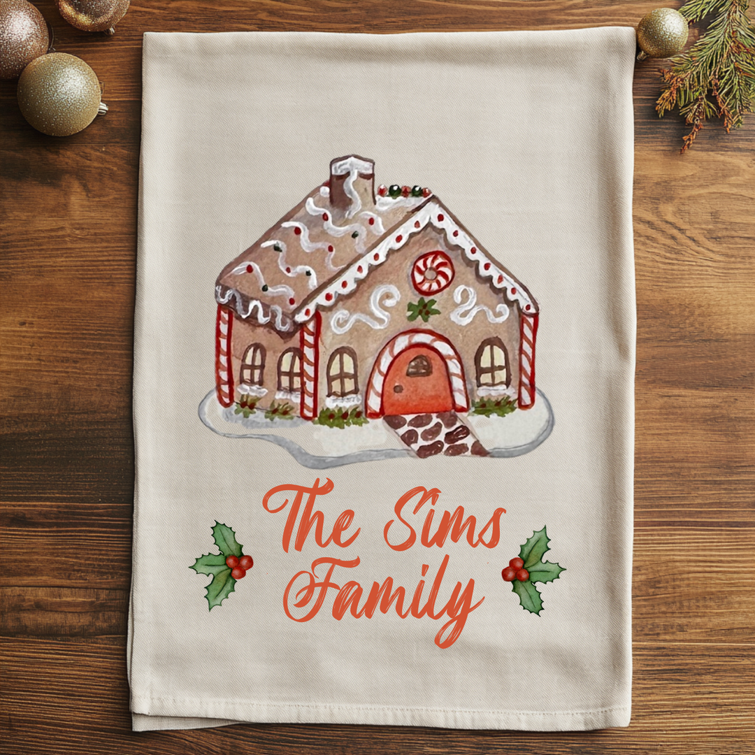 Custom Name Gift - Personalized Christmas Gingerbread House - Watercolor Kitchen Towel
