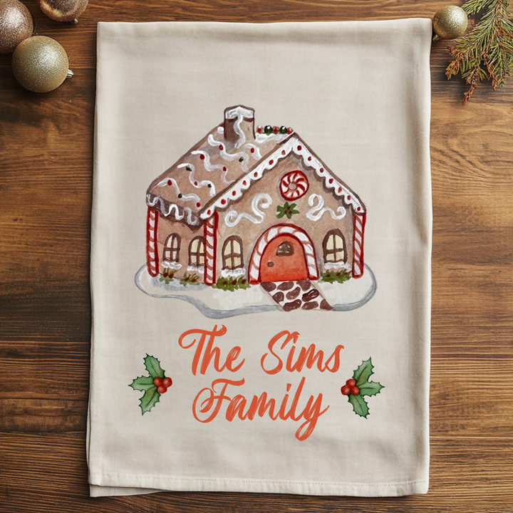 Custom Name Gift - Personalized Christmas Gingerbread House - Watercolor Kitchen Towel