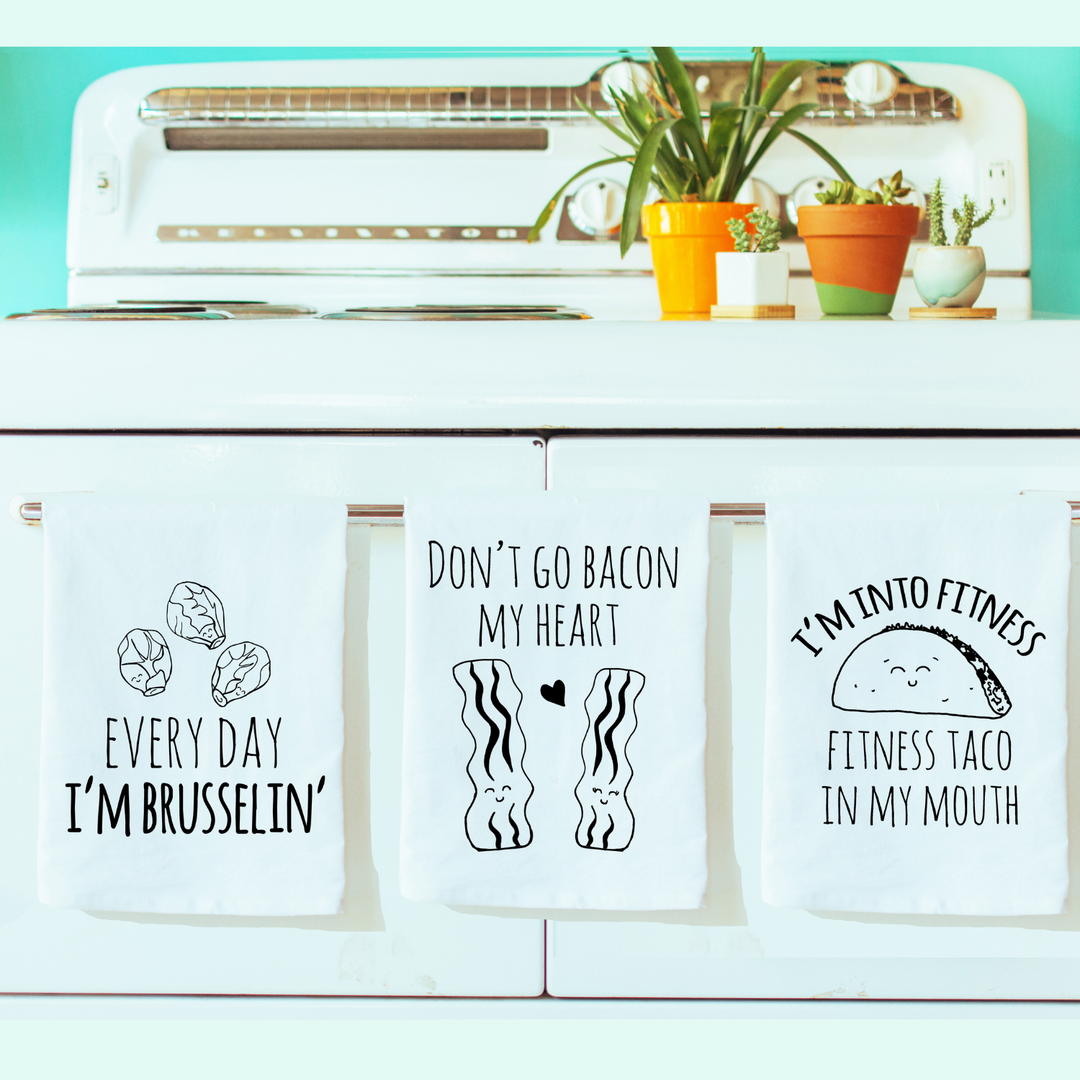 Kitchen Towel Set of 3 - Bacon Heart, Fitness Taco, Brusselin' - MoonlightMakers