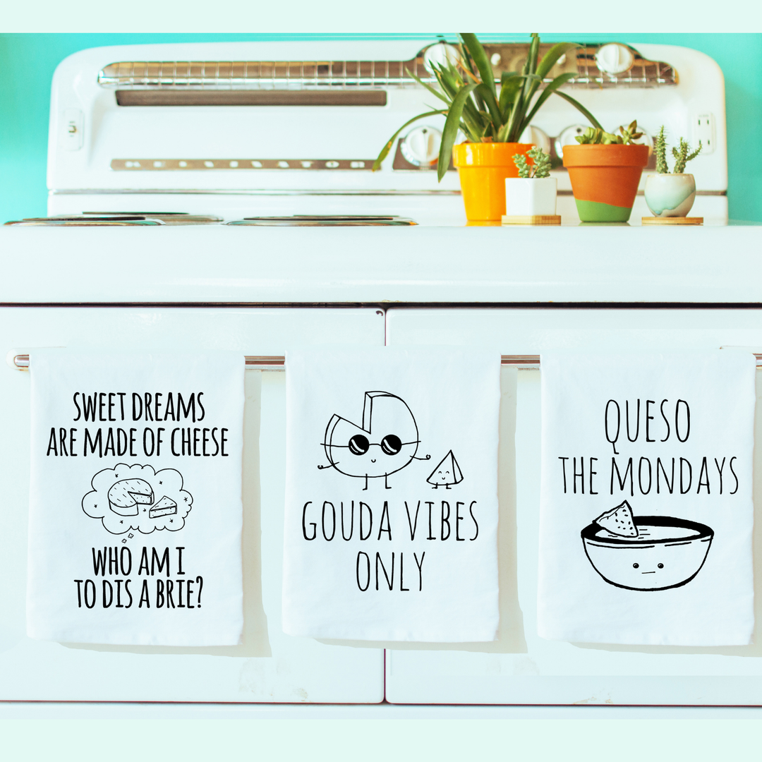 Kitchen Towel Set of 3 Cheese Themed- Brie, Queso, Gouda - MoonlightMakers