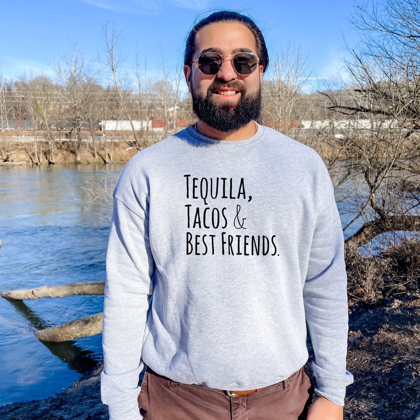 Tequila, Tacos, & Best Friends - Unisex Sweatshirt - Heather Gray, Dusty Blue, Mauve, or Gold