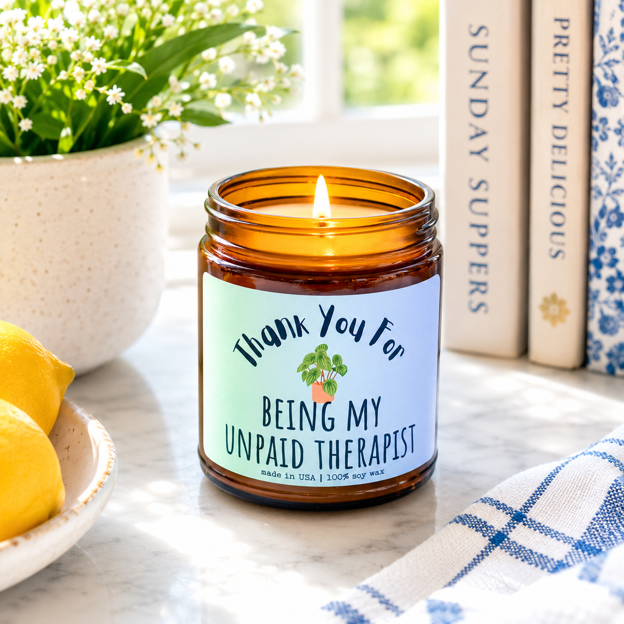 Thank You For Being My Unpaid Therapist - 9oz Amber Glass Jar Soy Candle - Choose Your Scent