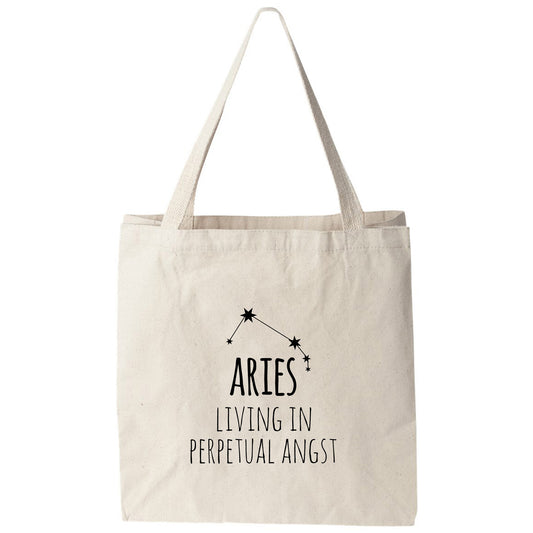 a tote bag with the words aries living in perpetual anest