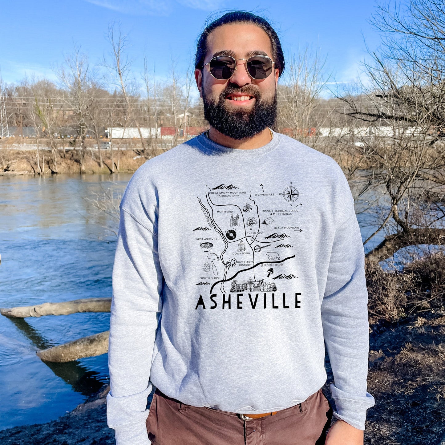 Asheville Map - Unisex Sweatshirt - Heather Gray, Dusty Blue, Mauve, or Gold