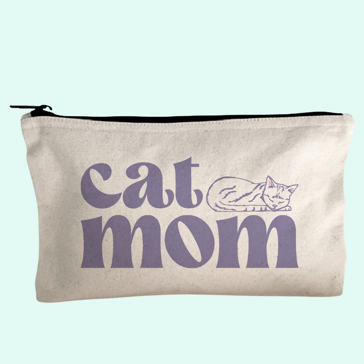 a cat mom pouch with a picture of a cat on it
