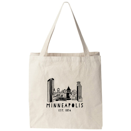 a white minnesota bag with a city skyline