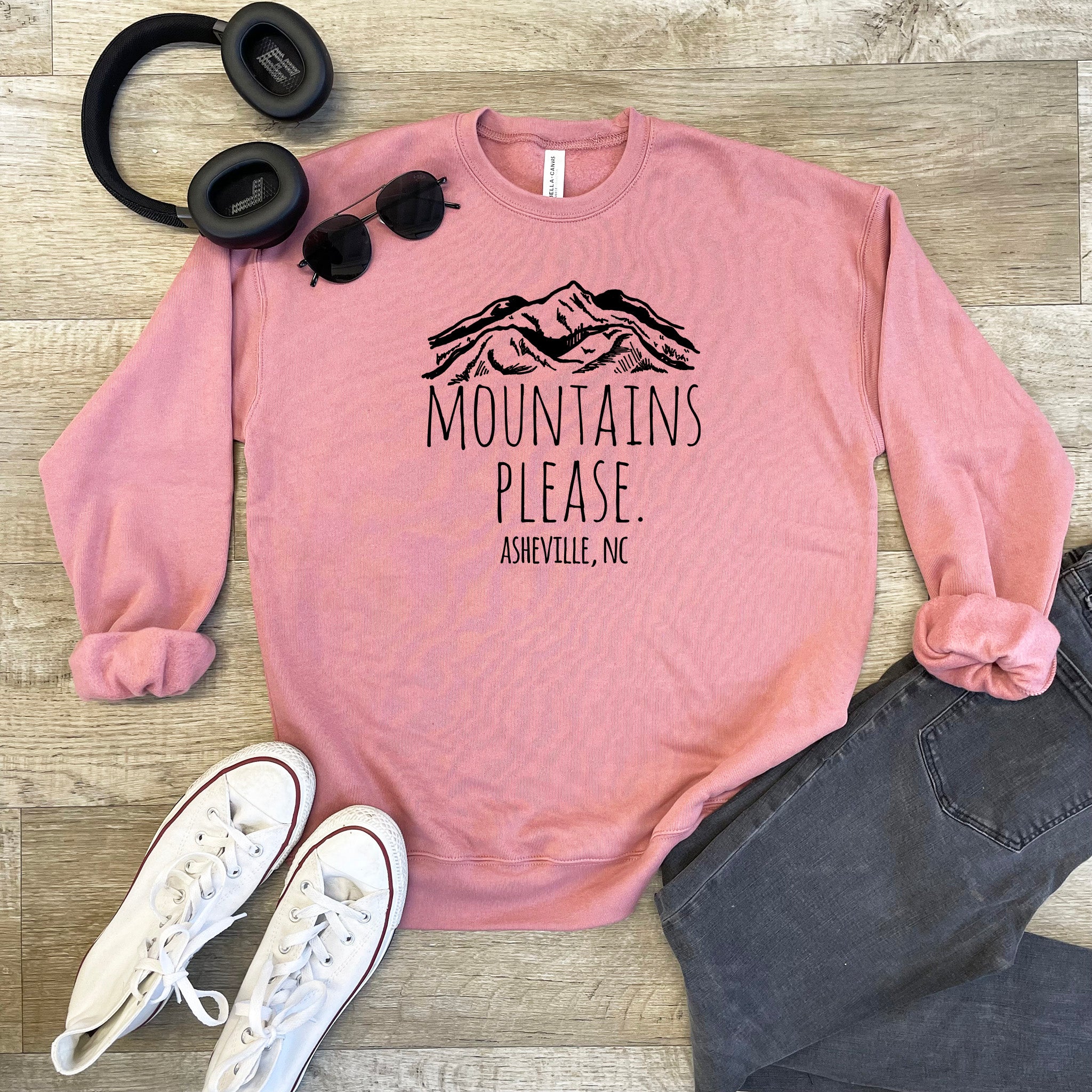 a pink sweatshirt with the words mountains please on it