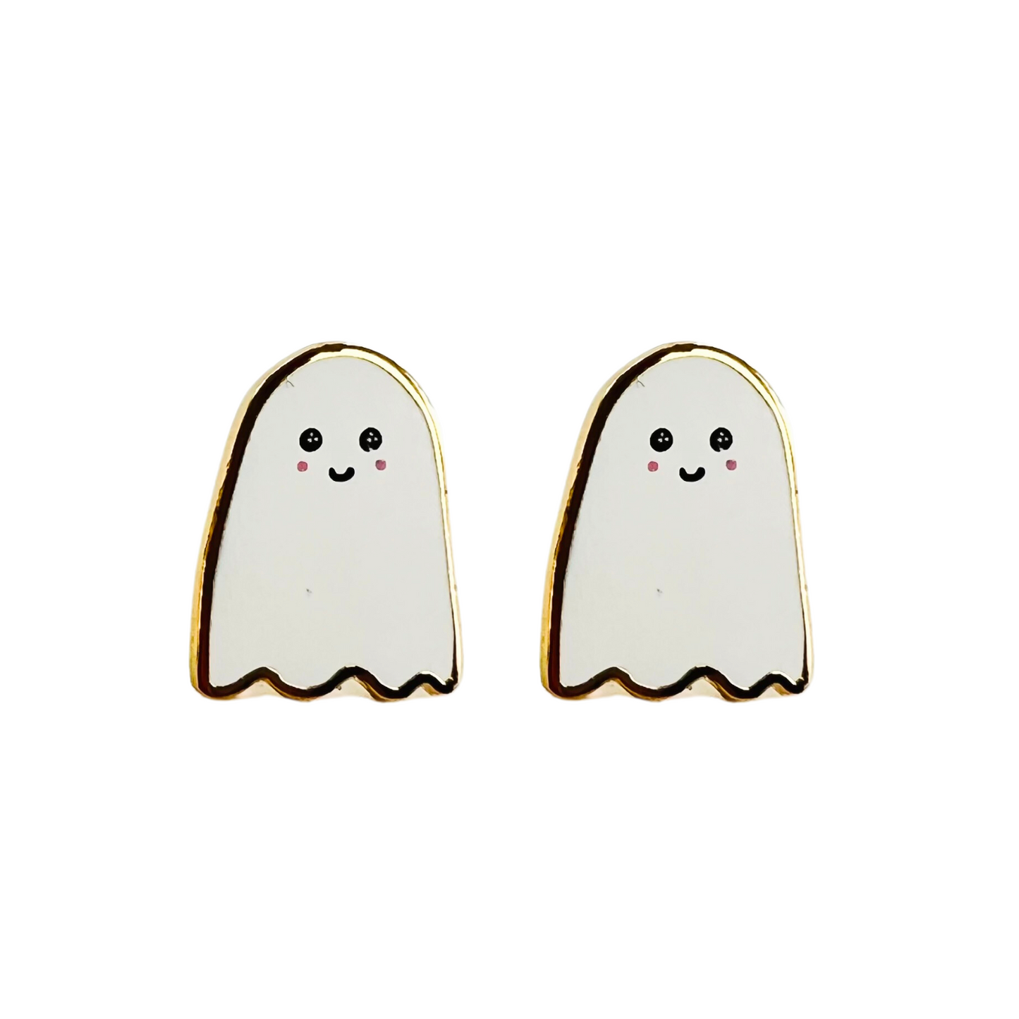 a pair of white ghost earrings on a white background