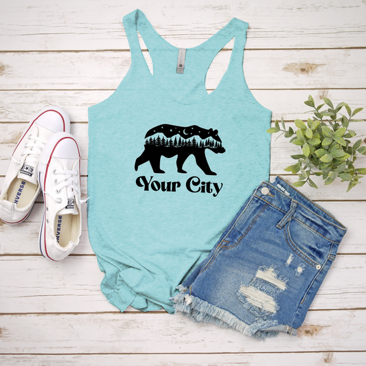 a tank top that says your city with a bear on it