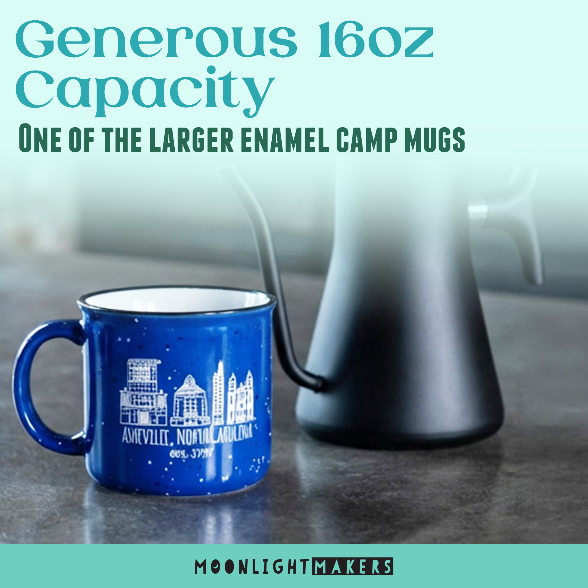 a blue enamel camp mug with a city skyline design, placed next to a black coffee pot on a kitchen counter.