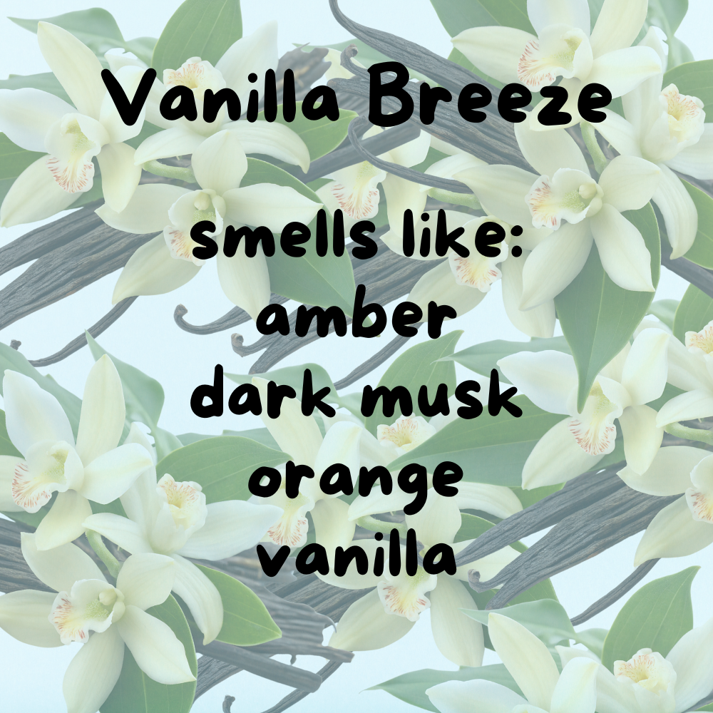 a close-up of white orchid flowers with green leaves, accompanied by text describing the scents of vanilla, amber, dark musk, and orange vanilla.