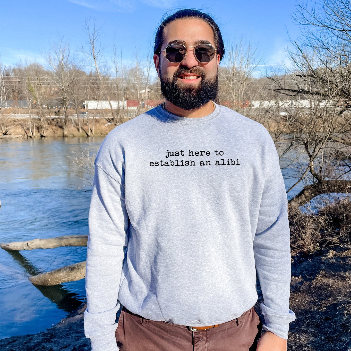 Just Here To Establish An Alibi - Unisex Sweatshirt - Heather Gray, Dusty Blue, Mauve, or Gold