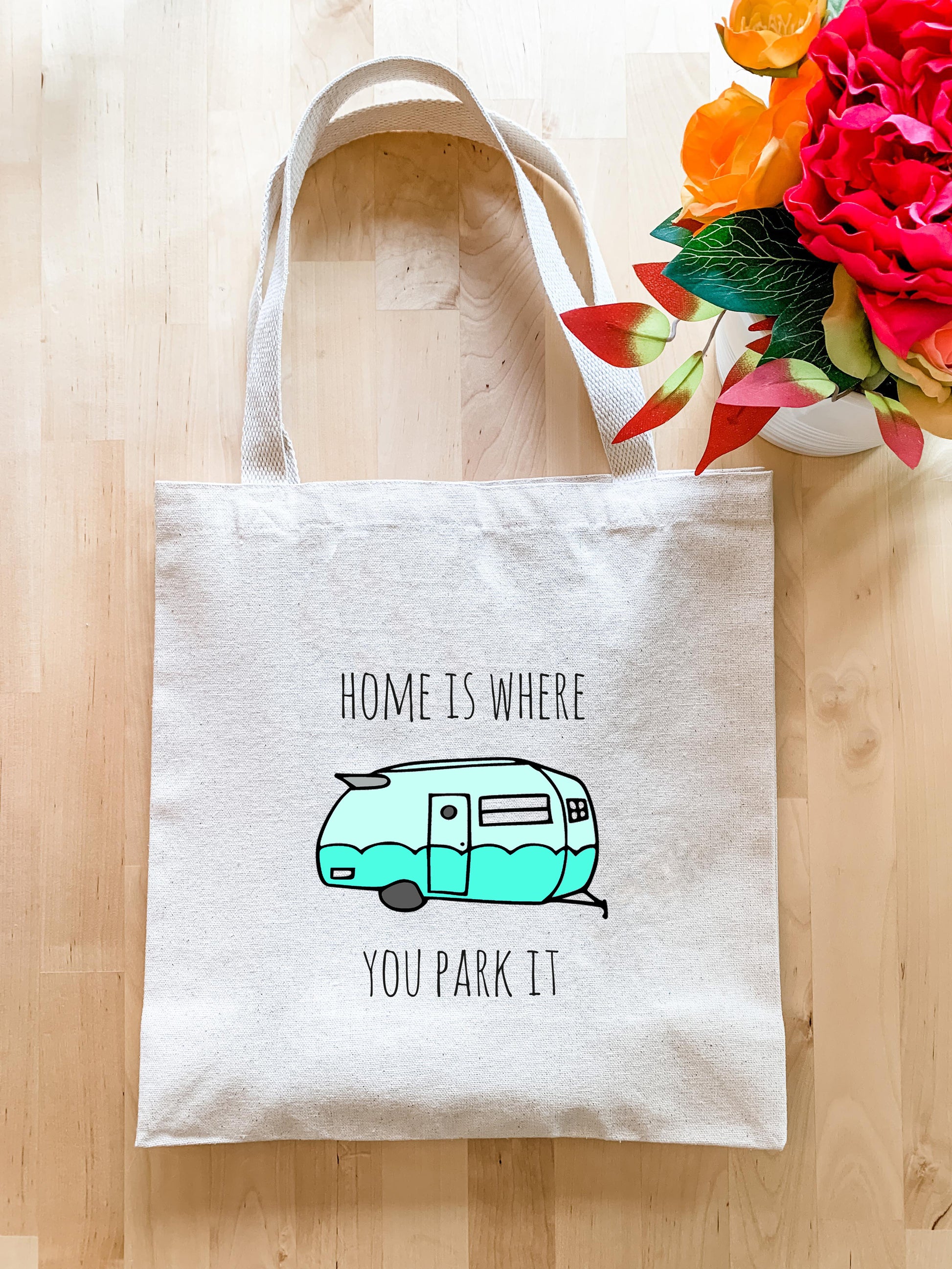 a tote bag with a picture of a camper on it