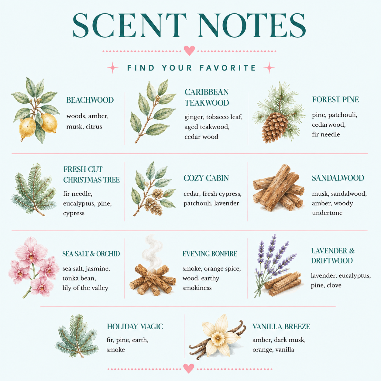 The image is a collection of scents, each represented by a different plant or tree branch, along with their corresponding names. The scents include Beachwood, Caribbean Teakwood, Forest Pine, Fresh Cut Christmas Tree, Cozy Cabin, Sandalwood, Sea Salt & Orchid, Evening Bonfire, Lavender & Driftwood, and Vanilla Breeze.