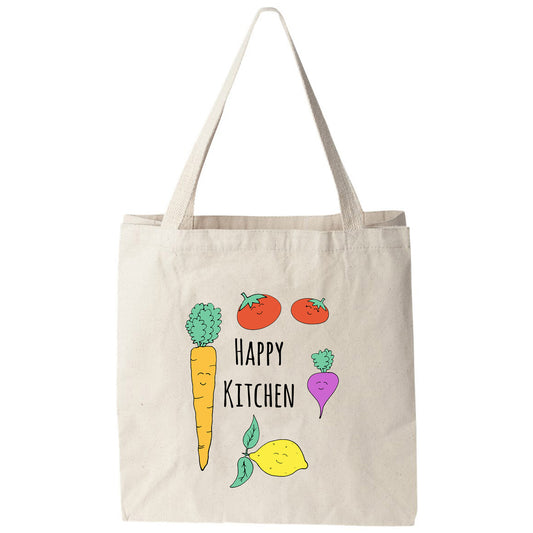 a tote bag that says happy kitchen