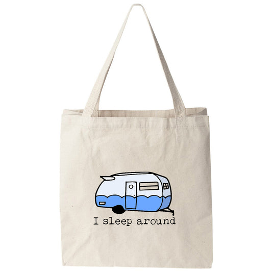 a white bag with a blue camper on it