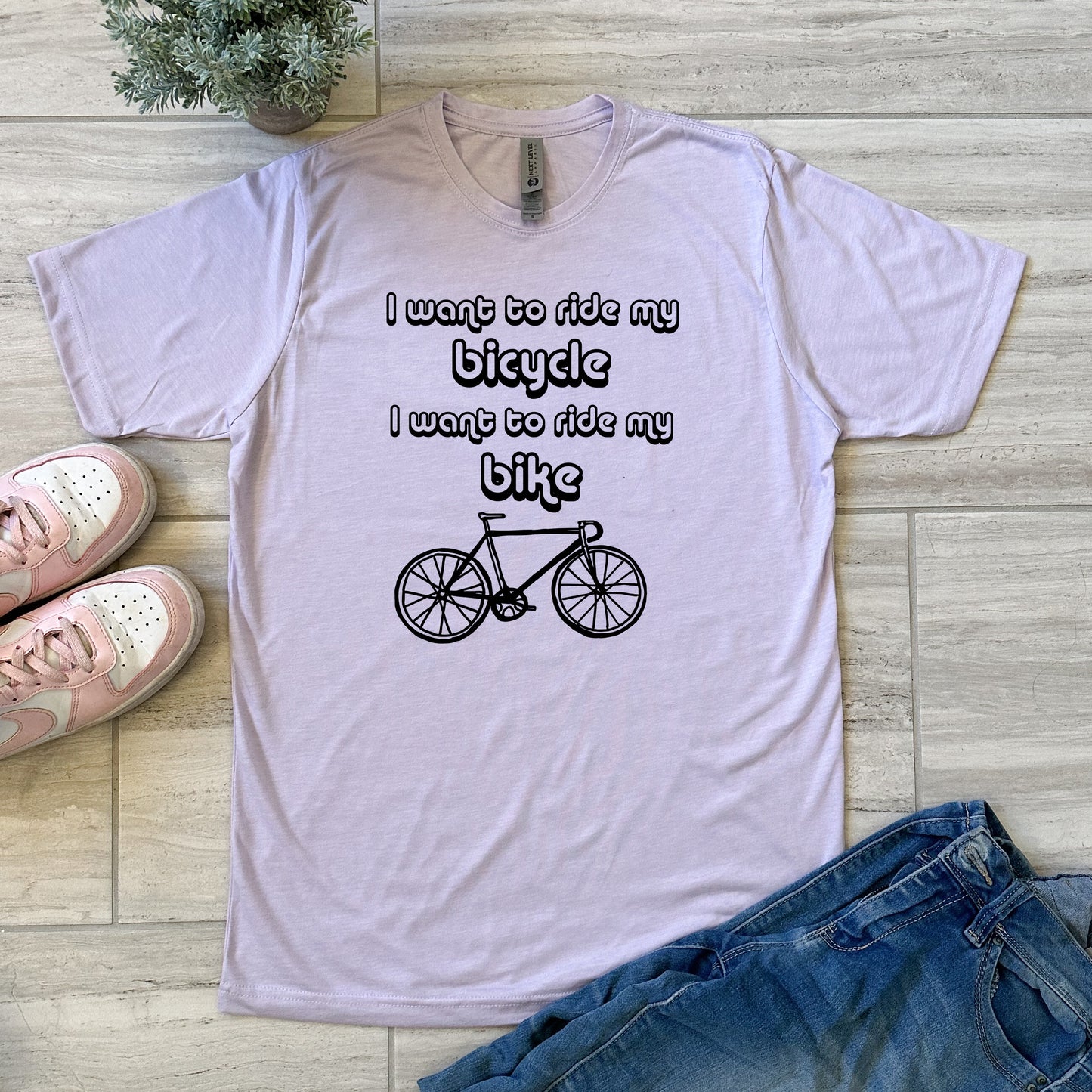 I Want To Ride My Bicycle, I Want To Ride My Bike - Men's / Unisex Tee - Stonewash Blue, Sage, Lavender, or Heather Gray