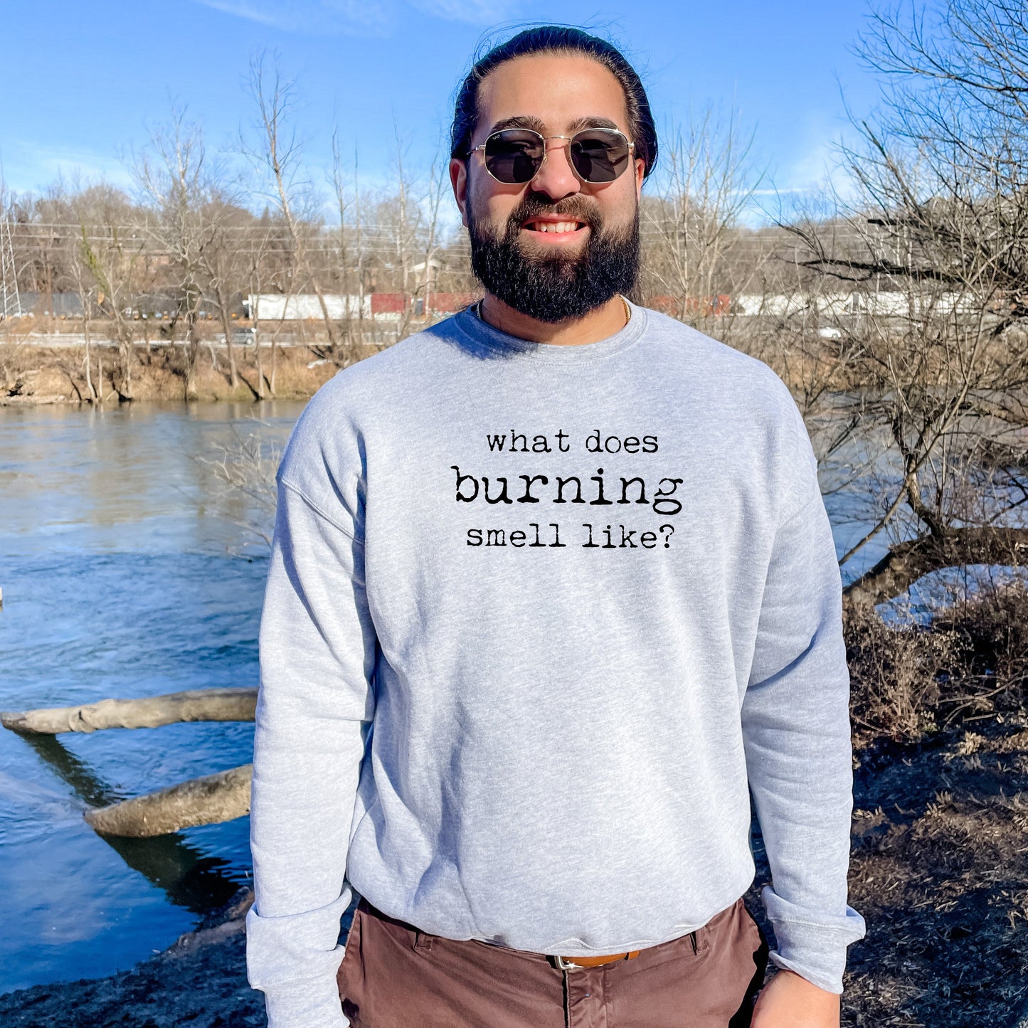 What Does Burning Smell Like? (Schitt's Creek) - Unisex Sweatshirt - Heather Gray, Dusty Blue, Mauve, or Gold